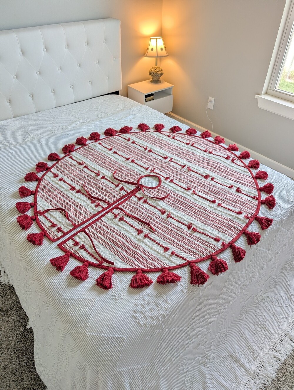 Handwoven Red Cream Striped Christmas Tree Skirt Heavy Artisan Textile 48" Dia